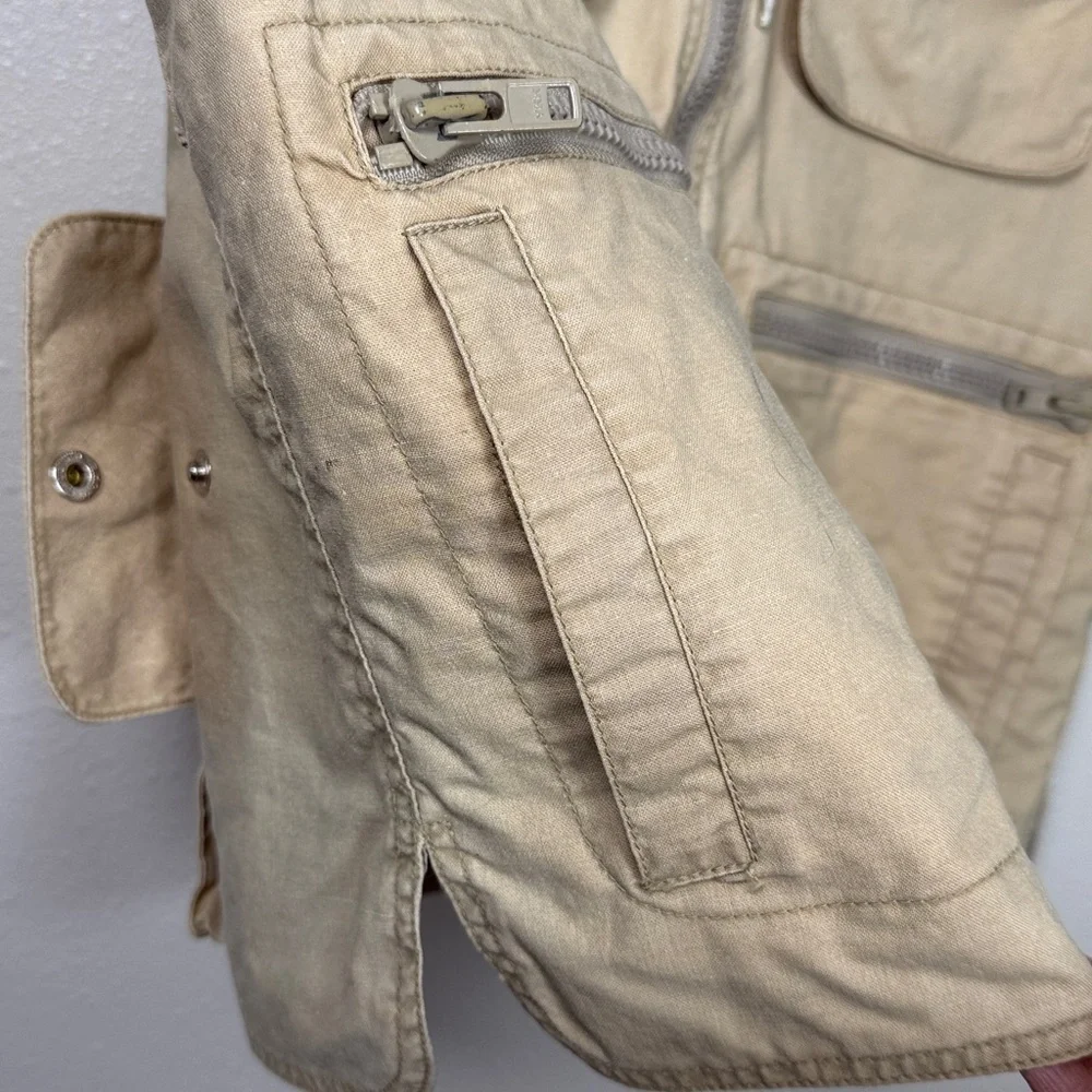 Vtg Banana Republic Zip Vest M Tan Stowaway Hood Safari Utility Taiwan 80s Flaws